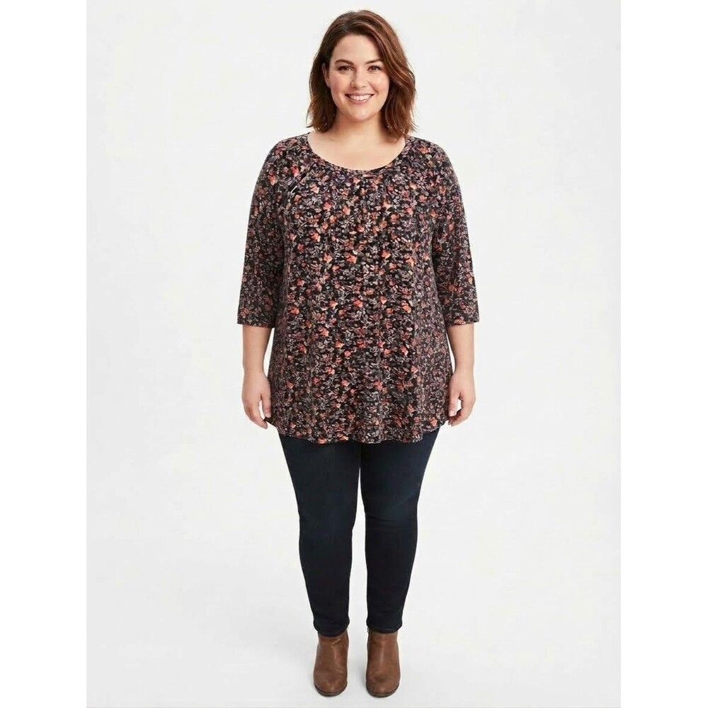 d&co. Womens Tunic Top 2X Black Orange Floral Scoop Neck 3/4 Sleeve Holiday